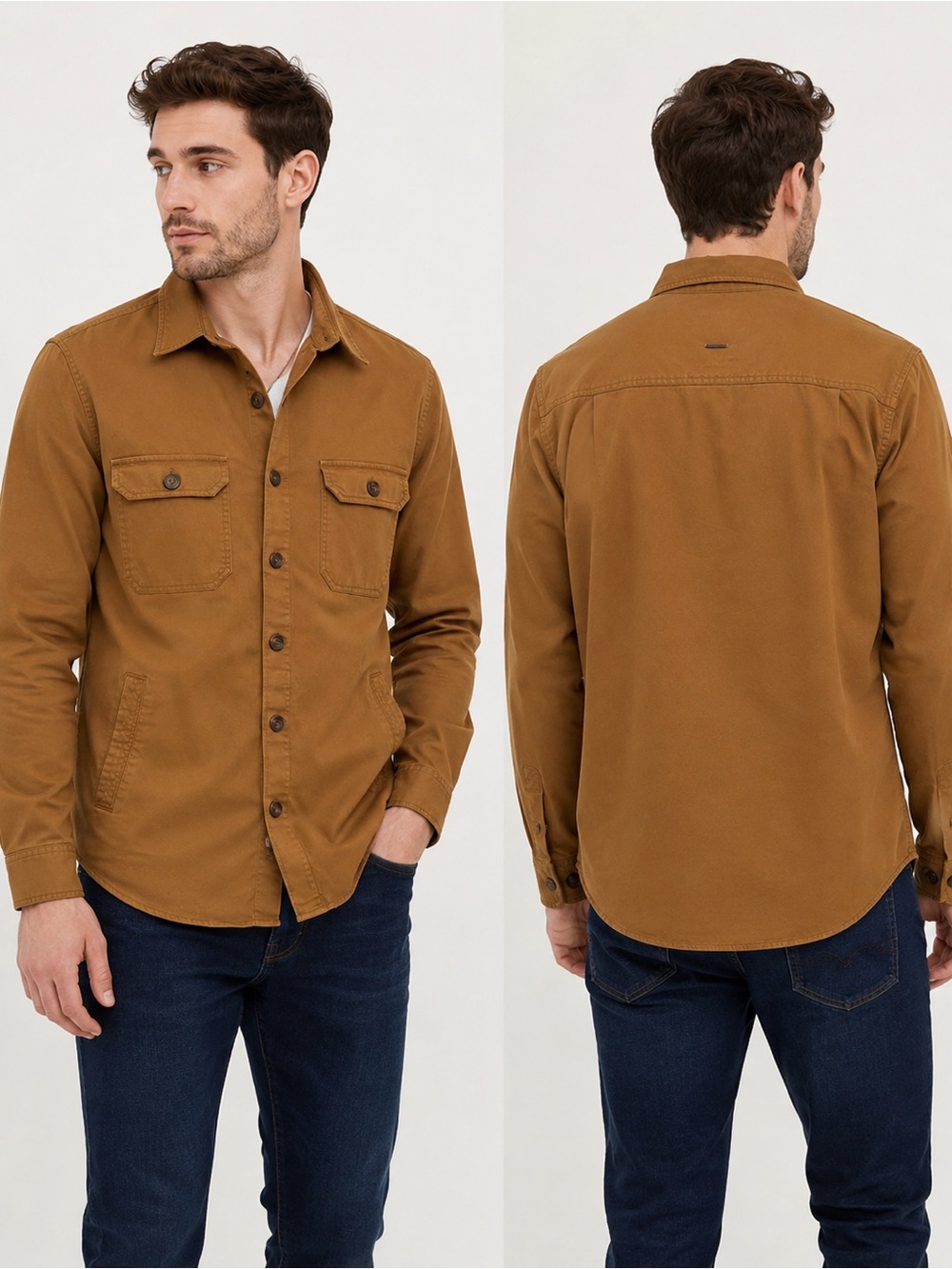 Denim & Flower Men’s Utility Shirt Jacket Brown Button Front Cotton Size S NWT